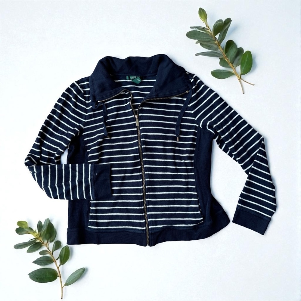 Lauren Ralph Lauren Womens Navy & White Striped Full-Zip Sweater Jacket